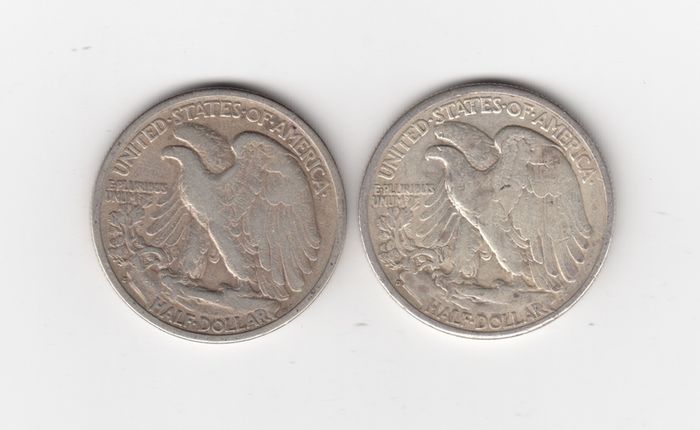 USA, 2 x Half Dollars, 1936,&1943, 90% silver coins (no. 453)