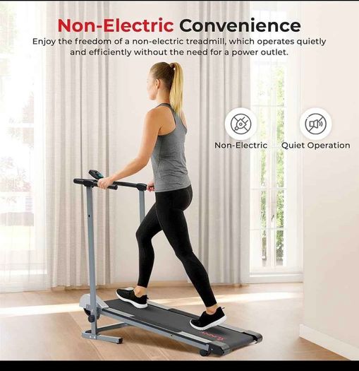Manual Compact foldable treadmill with transportation wheels for easy portability.   Folded dimension: 20Lx23Wx50h in.