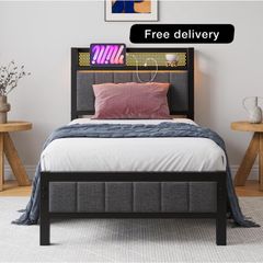 Single Bed Frames with Storage Headboard and Charging Station LED Lights