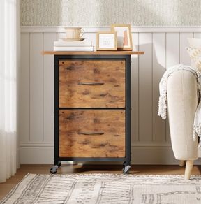 Printer Stand with 2 Drawers, Wheeled Vertical File Cabinet, Adjustable Hanging Rods, fits A4/Letter Size, for Home Office, Rustic Brown and Black