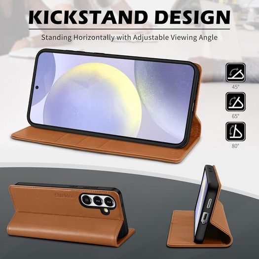 SHIELDON Wallet Case for Galaxy S25+ Plus, Genuine Leather, Saddle Brown