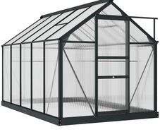 6 x 10ft Polycarbonate Greenhouse, Large Walk-In Green House with Slide Door and Window, Garden Plants Grow House with Aluminium Frame and Foundation, Grey