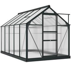 6 x 10ft Polycarbonate Greenhouse, Large Walk-In Green House with Slide Door and Window, Garden Plants Grow House with Aluminium Frame and Foundation, Grey