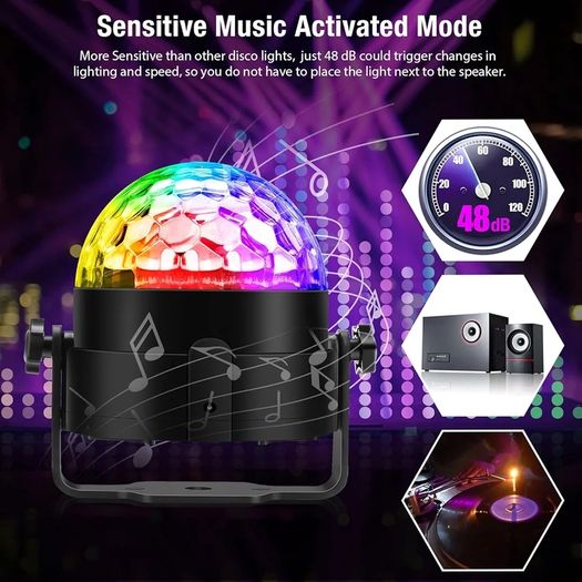 Disco Lights, 360 Rotation Sound Activated Portable  Disco Ball Lights with 4M/13ft USB Power Cable, 3W RGB Party Lights with Remote Control for Birthday/Family Gathering/Party/Home