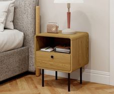 Narrow bedside table side table open compartment and 1 drawer steel legs 40 x 36 x 50 cm, oak effect