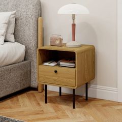 Narrow bedside table side table open compartment and 1 drawer steel legs 40 x 36 x 50 cm, oak effect