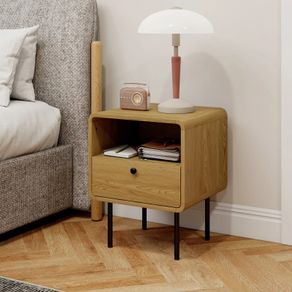 Narrow bedside table side table open compartment and 1 drawer steel legs 40 x 36 x 50 cm, oak effect