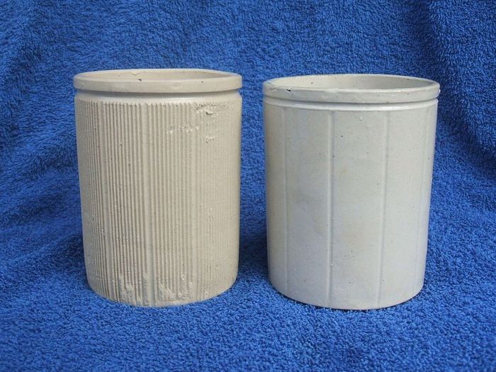 W. P. HARTLEY (jams, marmalades & jellies) - two antique stoneware jars, one with lighthouse imprint (c.1900)