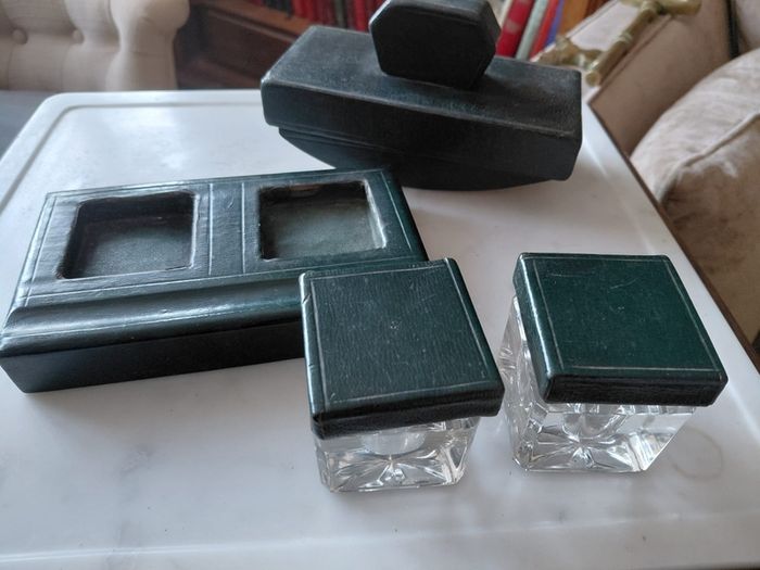 Antique double ink well desk stand with matching desk rocking blotter