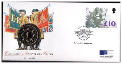 1993 GB QE11 Britannia Coronation Anniversary Crown Philatelic Numismatic Cover (PNC) including GB5 Coin & GB10 Stamp