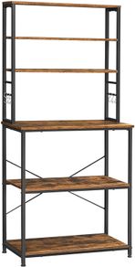 _kitchen shelf, standing shelf with shelves, with 6 hooks and metal frame, industrial design, for microwave, cooking utensils, 80 x 40 x 167 cm, vintage brown-black