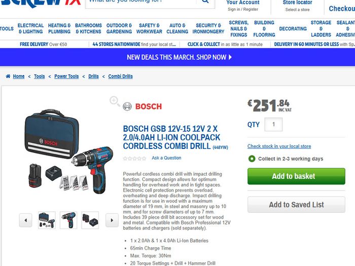Bosch GSB 12V-15 12V 2 x 2.0Ah Li-Ion CoolPack Cordless Combi Drill