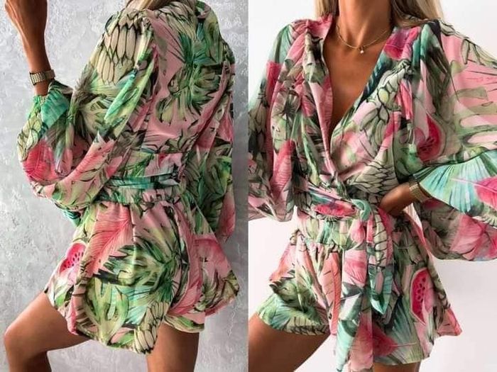 Set of chiffon tied top and shorts tropical pattern