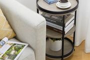 3-Tier Round Side Table with Storage Shelf Edge Protection Tray, Sturdy Metal Frame Coffee Table Bedside Table for Living Room Bedroom Small Spaces/Oak