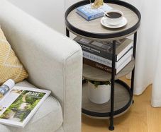3-Tier Round Side Table with Storage Shelf Edge Protection Tray, Sturdy Metal Frame Coffee Table Bedside Table for Living Room Bedroom Small Spaces/Oak