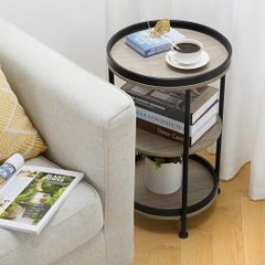3-Tier Round Side Table with Storage Shelf Edge Protection Tray, Sturdy Metal Frame Coffee Table Bedside Table for Living Room Bedroom Small Spaces/Oak