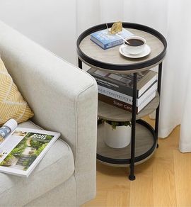3-Tier Round Side Table with Storage Shelf Edge Protection Tray, Sturdy Metal Frame Coffee Table Bedside Table for Living Room Bedroom Small Spaces/Oak