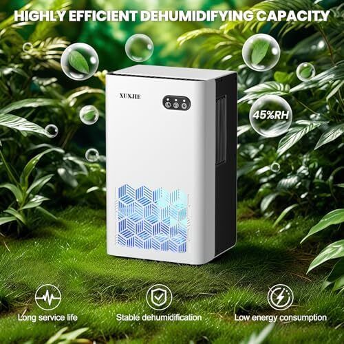 Xunjie Portable Dehumidifiers for Home, 2300ml Dehumidifier - Ultra Quiet & Auto Defrost 7 Colour LED Light Auto Shut Off - Ideal for Bedroom Bathroom RV Car Kitchen Garage Damp Removal  White