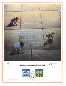 1985 Guernsey Limited Edition Lithographed Print measuring 333mm X 257mm showing International Youth Year Commemorative stamps with First Day of Issue Cancel