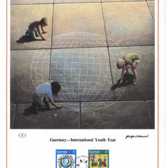 1985 Guernsey Limited Edition Lithographed Print measuring 333mm X 257mm showing International Youth Year Commemorative stamps with First Day of Issue Cancel