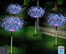 Solar Garden Lights Outdoor 4 Pack 480 LED Firework Landscape Path Lights Solar Powered Starburst Fairy Lights Waterproof 8 Lighting Modes with Remote Control for Patio Christmas Party Yard Decorative
