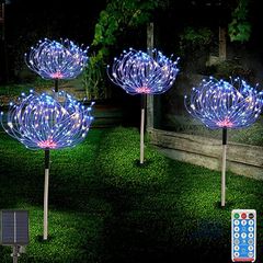 Solar Garden Lights Outdoor 4 Pack 480 LED Firework Landscape Path Lights Solar Powered Starburst Fairy Lights Waterproof 8 Lighting Modes with Remote Control for Patio Christmas Party Yard Decorative