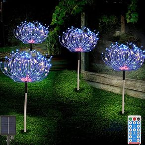 Solar Garden Lights Outdoor 4 Pack 480 LED Firework Landscape Path Lights Solar Powered Starburst Fairy Lights Waterproof 8 Lighting Modes with Remote Control for Patio Christmas Party Yard Decorative