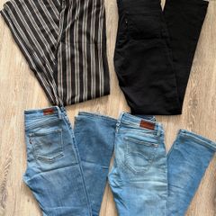 Levis, Hilfiger, River Island jeans, denim, trousers, blue and black