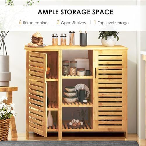 2-in-1 Modular Bamboo Bathroom Storage Cabinet | 3-Tier Open & Enclosed Shelving (2 Doors) Free-Standing Organizer for Bathroom, Kitchen, Living Room (100x33x87cm)