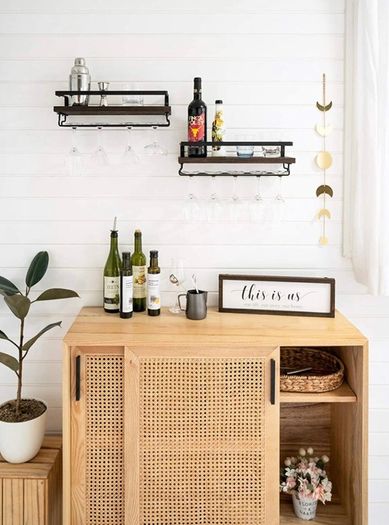 Wall Mounted Wine Shelves Set of 2 Wood Rustic Wine Bottle Glass Floating Racks with Stemware Hanger