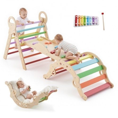 Pikler Triangle Set, 9-in-1 Toddler Climbing Toys Indoor, with Xylophone, Cushion, Triangle, Arch, and Ramp, 68 kg Load, Foldable Montessori Climbing Set for Toddlers and Kids, Rainbow