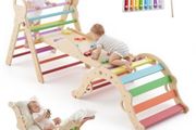 Pikler Triangle Set, 9-in-1 Toddler Climbing Toys Indoor, with Xylophone, Cushion, Triangle, Arch, and Ramp, 68 kg Load, Foldable Montessori Climbing Set for Toddlers and Kids, Rainbow