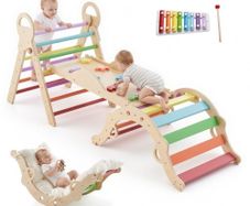 Pikler Triangle Set, 9-in-1 Toddler Climbing Toys Indoor, with Xylophone, Cushion, Triangle, Arch, and Ramp, 68 kg Load, Foldable Montessori Climbing Set for Toddlers and Kids, Rainbow