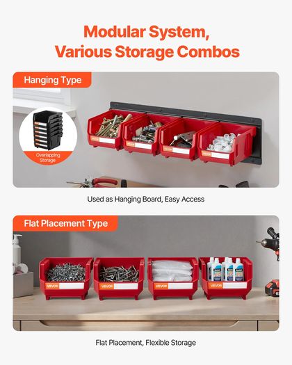 Wall Mounted Storage Bins, 12 Plastic Bins & 3 Metal Rails, Plastic Hanging Stackable Storage Bin for Screws, Nuts, Bolts, Nails, Hardware Tool Organizer for Workshop, Craft Room, Garage, Red