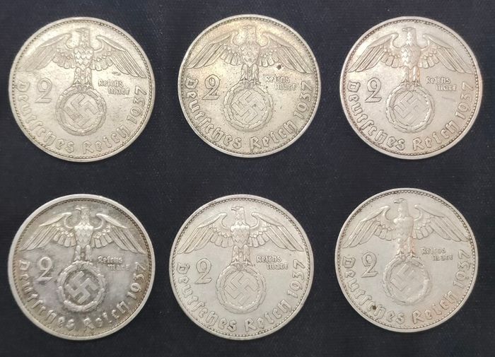 Complete Set - Germany 2 Reichsmark 1937 - All Mint Marks A,D,E,F,G,J