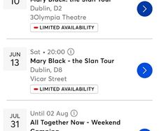 2 to Tickets to Mary Black Slan Tour in Olympia 10/06/2026 or vicar street 13/06/26