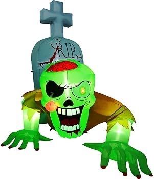 SEASONAL SALE Halloween Inflatable Crawling Green Ghost with Tombstone, Built-in LED Lights, Inflatable LED Lights Blow Up Yard Decoration