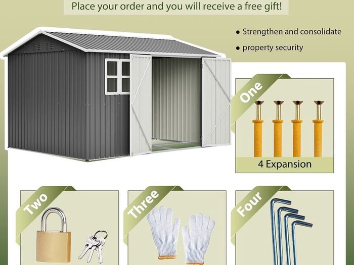 8 x 10 ft Outdoor Storage Shed Galvanized Metal Bike Shed, Tiny House Garden Tool Storage with Air Vent and Slide Door for Backyard Patio Lawn, Gray