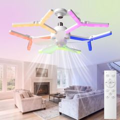 Smart RGB Ceiling Fan with Light and Remote, 68cm Low Profile Flush Mount Fan Light, 5 Colours & 3 Modes, Ultra-Quiet 35dB, E27 Screw in Fan Lamp for Bedroom Game Room Living Room