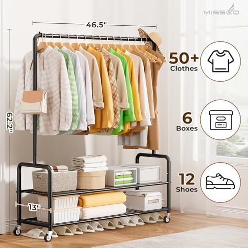 Heavy Duty Clothes Rail Rack with Shelves 46.5" Large Rolling Clothing Rack for Bedroom Hanging Rail for Clothes, Garment, Coat, Black