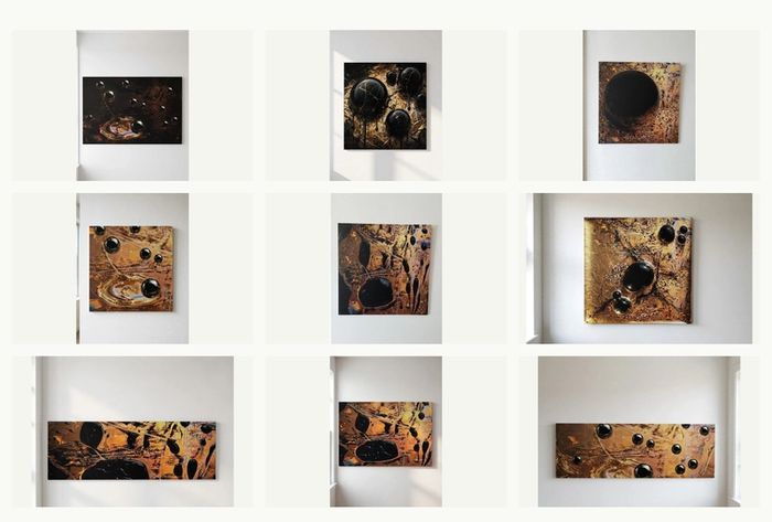 Limited edition contemporary tech-art, abstract series - Black oil spheres / gold leaf texture