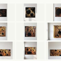 Limited edition contemporary tech-art, abstract series - Black oil spheres / gold leaf texture
