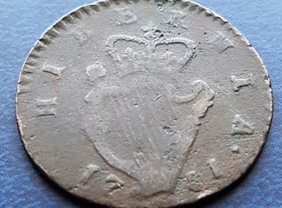 Hibernia  George lll  1781 copper Halfpenny coin