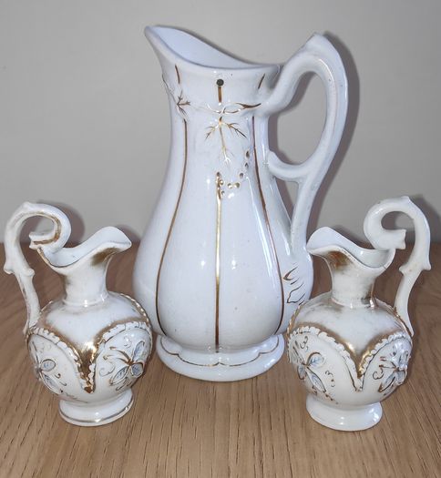 3 antique jugs white with leaves relief & gilt accents