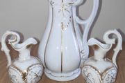 3 antique jugs white with leaves relief &amp; gilt accents