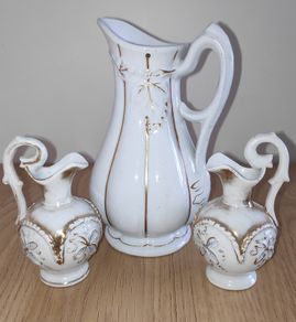 3 antique jugs white with leaves relief & gilt accents