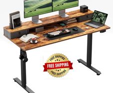 Electric Height Adjustable Desk, with 2 Fabric Drawers, 120x60cm 72-116cm Height, Stable Sit-Stand Standing Desk w. 2 Memory Buttons, Computer Desk for Home Office, 2 pcs Desktops, Brown