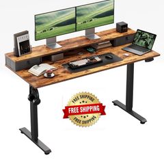 Electric Height Adjustable Desk, with 2 Fabric Drawers, 120x60cm 72-116cm Height, Stable Sit-Stand Standing Desk w. 2 Memory Buttons, Computer Desk for Home Office, 2 pcs Desktops, Brown