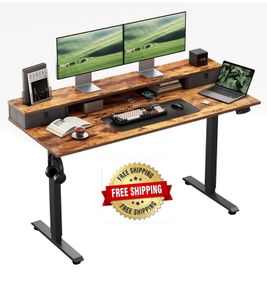 Electric Height Adjustable Desk, with 2 Fabric Drawers, 120x60cm 72-116cm Height, Stable Sit-Stand Standing Desk w. 2 Memory Buttons, Computer Desk for Home Office, 2 pcs Desktops, Brown