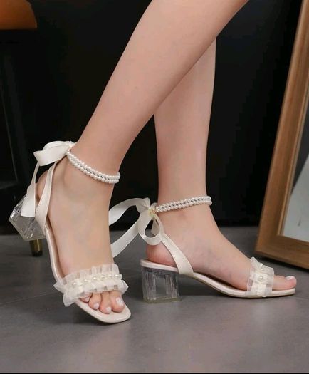 Beige Heels Bow & Faux Pearl DecorAnkle Strap Clear Chunky Heeled